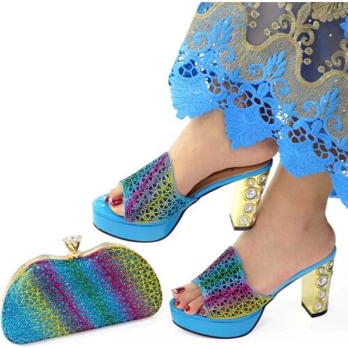 High Grade Sky Blue High Heel 9.5CM Women Pumps Match Bag With Rhinestone Decoration African Shoes And Handbag Set CR539