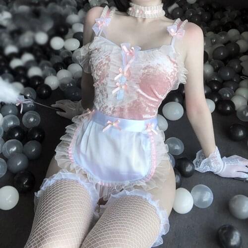 Women Sexy Lingeries Set One Piece Bodysuits Maid Waitress Servant Apron Stockings Pink Elegant Lingeries Halloween Fancy Dress
