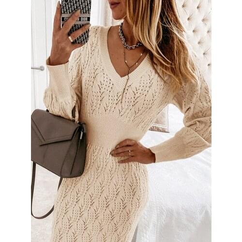 Women Office Lady Hollow Out Knitted Dress Lantern Sleeve Sexy V neck All-match Casual Party Dress 2021 Winter Fashion Dress