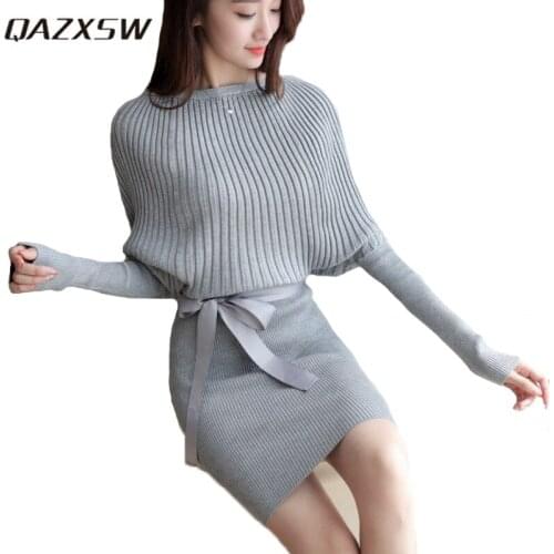 QAZXSW Women Autumn Winter Solid Dresses 2019 New Slim Pullovers Batwing Sleeve Fitness Knitted Sweater Dress YX190