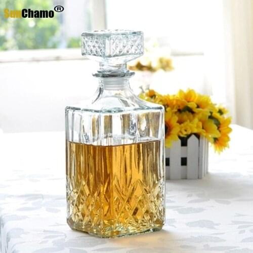 1PC Hot Sale Luxury Lead Free Square Glass Wine Bottle Whiskey Decanter Alcohol Container Pourer Wine Carafe 800ML JR 1084