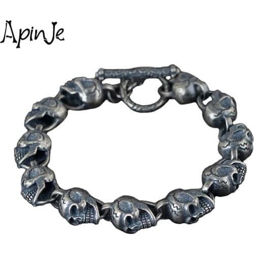 Apinje Thai Silver Skull Bracelet 925 Sterling Silver Punk Bracelet for Men Gothic Jewelry