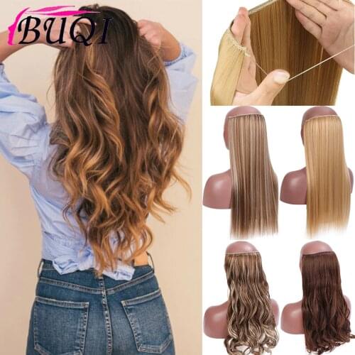 Buqi Wig 24 inches Women Fish Line Hair Extensions Black Brown Blonde Natural Wavy Long High Tempreture Fiber Synthetic Hairp