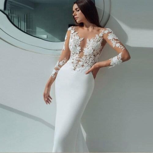 Elegant Ivory Wedding Dresses 2021 Sexy Illusion Scoop Neck Lace Appliques Long Sleeve Stain Bridal Gown Robe De Mariee