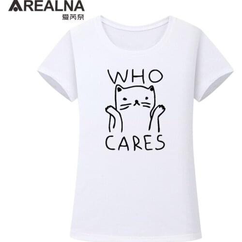 High Quality Cartoon Who Cares Cat Print Graphic Tees Womens Tshirts 2020 Summer Short Sleeve Cotton Oversize T Shirt Women Top