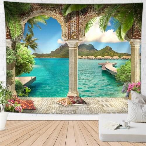 Beautiful Balcony Vacation Scenery Hanging Wall Tapestries Nature Landscape Sea Mountain Blue Sky Hippie Wall Blanket Carpet Rug
