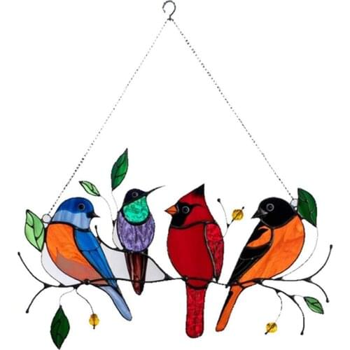 Multiple Birds on a Wire High Stained Glass Window Hanging Ornaments, Bird Series Sculptures Pendant Home Decoration