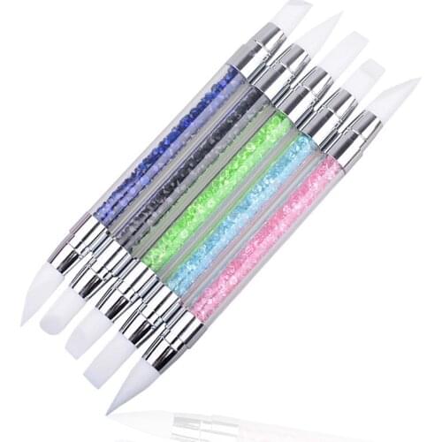 New 2 Way UV Gel Nail Art Brush Carving Pen Silicone Head Acrylic Handle Salon Nail Tools Beauty Rhinestone Polish Pen