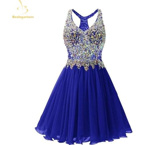 Bealegantom 2021 New Stock Sexy V-Neck Short Blue Prom Dresses Beaded Mini Formal Evening Homecoming Party Gowns QA1631