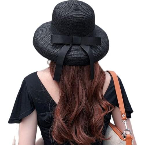 New design Womens Dome Beach Sun hat Sunscreen Protection Visor Cap Travel Photograph Straw Hat With Bow Ribbon Split Laides