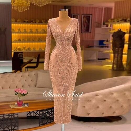 Arabic Rose Gold Mermaid Muslim Evening Dress Long Sleeve Luxury Dubai Midi Formal Prom Dresses for Women Wedding Party Gowns