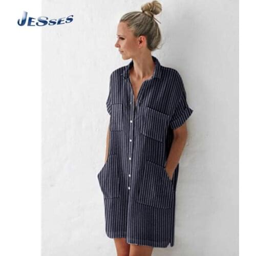 Summer Short Sleeved Dresses For Female Loose Striped Print Turndown Collar Dress Elegant A Line Party Female Oversized Vestidos