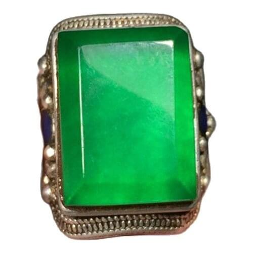 Qing Dynasty old jadeite jade ice seed square ring face inlaid with silver ring
