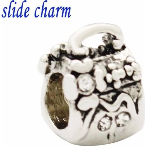 Slide charm Childrens gift purse American girl lace inlaid white crystal charm beads fit Pandora bracelet