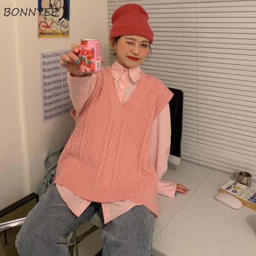 Sweater Vest Women Solid Pink Diamond Lattice Slim Loose Simple Design Korean Sweet Style Students High Street Fashion Tender