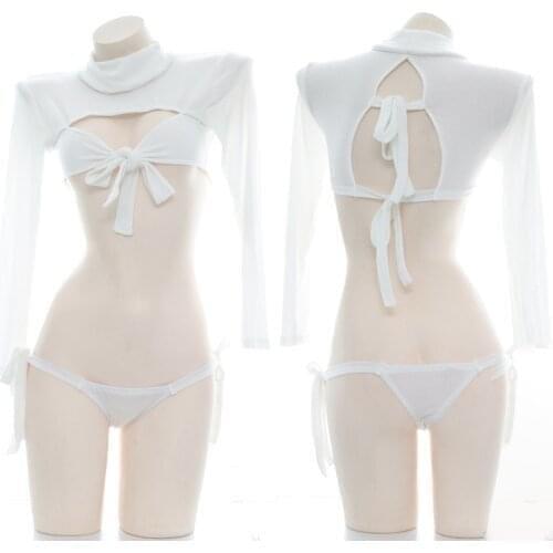 Lolita Open Chest Knitted Sweater UltraShort High Collar Pullover Knitwear Sexy Womens Virgin Killer White Bandage Pajamas Set