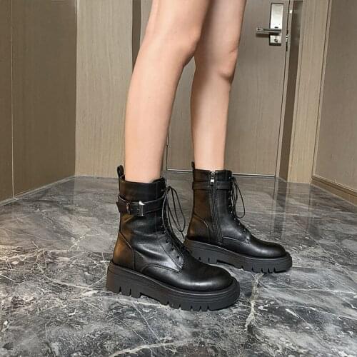 YMECHIC Winter 2020 Black Lace Up Platform Ankle Biker Military Combat Boots for Women Buckle Strap Chunky Heels Shoes Booties