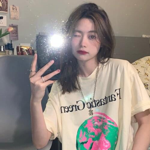 Korean college girl cute cartoon letter printing fungus loose short-sleeved female T-shirt all-match