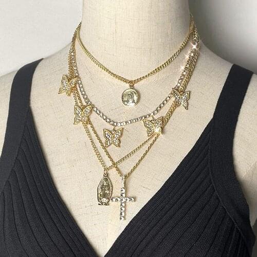 Punk Vintage Multilayered Portrait Coin Cross Pendant Chain Necklace For Women Golden Crystal Butterfly Tennis Chain Jewelry New
