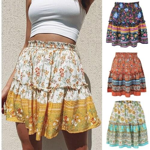 Women Bohemian Beach Style Skirt Ladies A-Line Above Knee Mini Empire Ruffles Vintage Floral Print Skirts