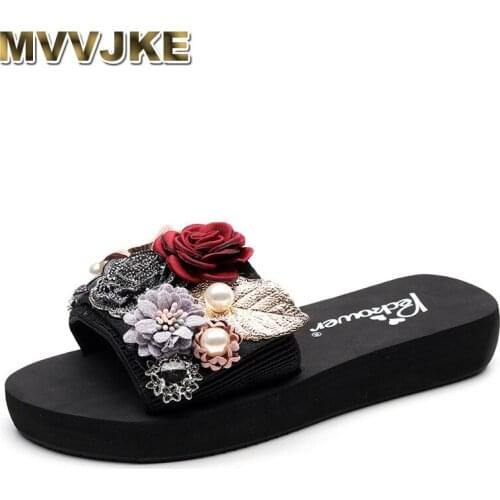MVVJKE Fashion Beach Shoes Women Summer High Platform Sandals Waterproof Wedge Platform Handmade Slippers Flower Shoes