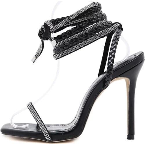 New Women Bandage Pumps High Heels Square Toe Ladies Shoes Fashion Office Pu Ankle Strap Female Sandals Thin Heel Comfortbale