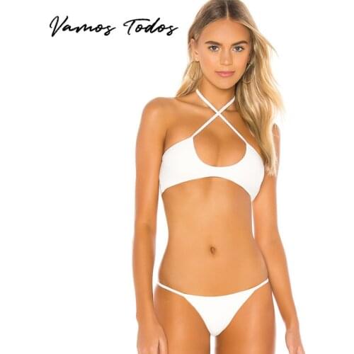 Vamos Todos 2021 Summer Solid Bandeau Swimsuit Women Hollow Out 2 Piece Set Swimming Bathing Suit Neck-Mounted Sexy Swimwear