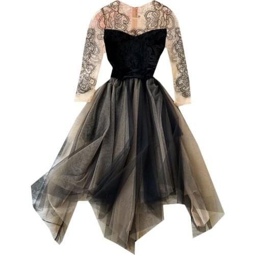 2021 New Fashion Women Long Sleeve Floral Embroidery Lace Mesh Fairy Dress Temperament Elegant Ladies Evening Vestidos