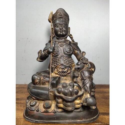 13"Tibet Buddhism Old Bronze Lacquer Cinnabar Yellow God of Wealth Buddha Statue Treasure King Huang Caishen Enshrine the Buddha