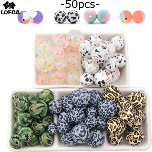 LOFCA 50pcs Leopard print 12/15/19mm Silicone Beads Baby Teether Teething Beads Tie-dye DIY Chewable Colorful Teething