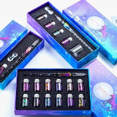 7/13 Pcs/Box Rainbow Glass Pen Glitter Gradient Dip Pen Starry 7ml Colors Ink Sky Unicorn Gifts Box Writing Painting Stationery