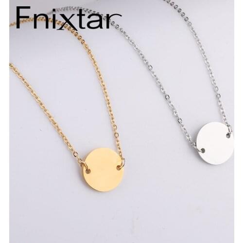 Fnixtar Stainless Steel Mirror Polish Round Plain Plate Chain Necklaces 15mm Coin Disco Charm Necklace Women Jewelry10Piece/lot