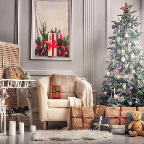 Tapestry Wrapped Gifts Ornaments Baubles Socks Bells on Pine Tree Branches Christmas Theme Photo Brown White Green