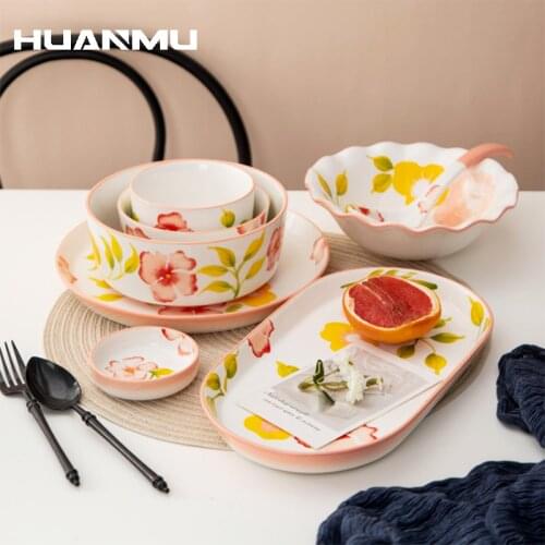Flowers Print Ceramic Dinnerware Household Salad Bowl Saucer Plate Dishes Set Fish Plate Noodle Bowl Soup Pot One Person Set