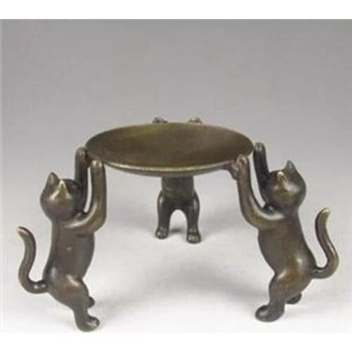 Chinese Bronze Plate Animal 3 Cat Oil Lamp Candle Holder Candlestick Statue