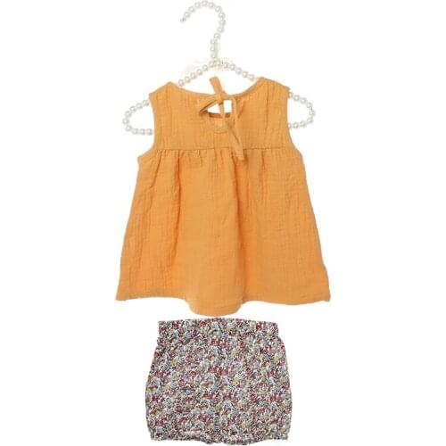 Kaiya Angel 2019 Children Girls Summer Clothing Set mustard yellow Sleeveless Top + Floral Shorts 100% Cotton Outfits 5PCS/LOT