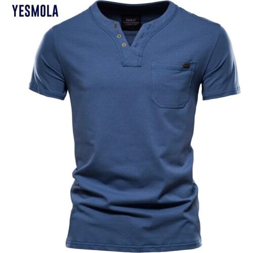 YESMOLA 2021 Summer Cotton T Shirt Men Solid Color Design V-neck T-shirt Casual Classic Mens Clothing Tops Tee Shirt Men