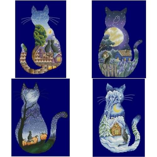 Cat in the moonlight patterns counted 11CT 14CT DIY Cross Stitch Sets wholesale Cross-stitch Kits Embroidery Needlework