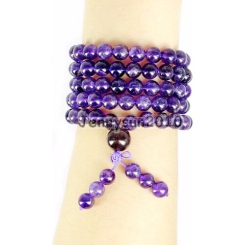 Natural Ame-thyst 8mm Gem Stone Buddhist 108 Beads Prayer Mala Multi-Purpose Stretchy Bracelet Necklace 2Strands/Pack