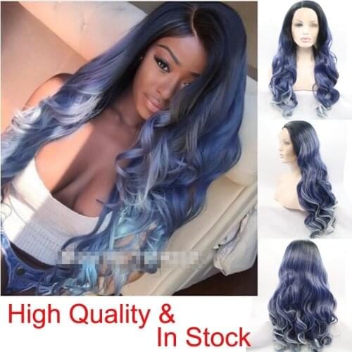 Ombre Crochet Synthetic Lace Front Wig Colored Body Wave Long Black Dark Root Blue Hair Cosplay Lolita Frontal Wigs For Women