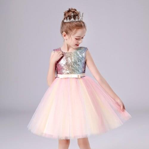 Flower Girls Dress Costumes Wedding Party Clothes Sequins Lace Gown Princess Summer Dress Children Tutu Puff Dress