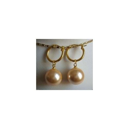 Lovely Fine 14mm Yellow South Sea Shell Pearl GP Dangle Earrings AAA+ SEND Hook Wholesale [pair] Jewelry