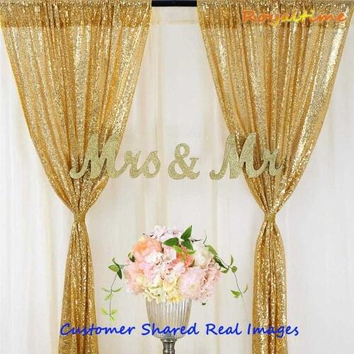 Royaltime 2pcs 2x8ft Gold Sequin Backdrop Curtain Wedding Photobooth Photography Background Wedding Party Christmas Decoration