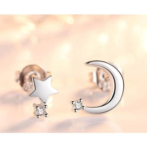 KOFSAC Shiny Zircon Asymmetry Star Moon Stud Earrings For Women Fashion Jewelry 925 Sterling Silver Earring Girl Birthday Gifts