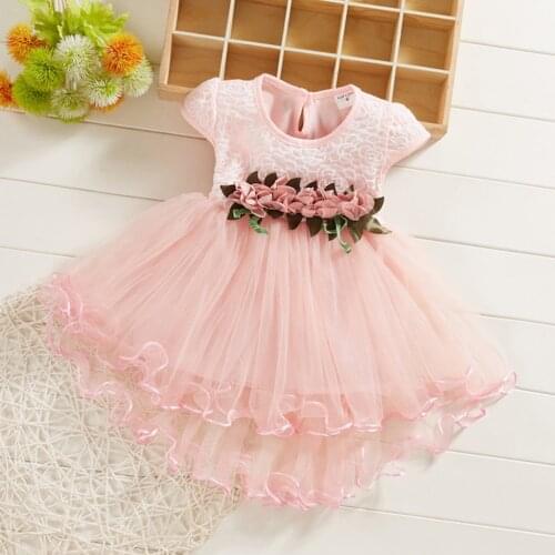 Korean style dress girl baby short sleeve flower stitching frill mesh princess dress Summer Small fresh платье для девочки 50