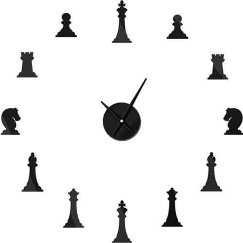 Chess Game DIY Giant Wall Clock King Bishop Knight Pawn Parlor Watch Acrylic Mirror Effect Chessman Chess Player Saat