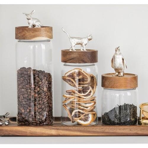 Glass Sealed Storage Jar Animal Sculpture Wooden Bottle Cap Home Kitchen Containers Accessories Food Grains Storage Tank Cans