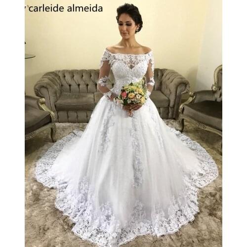 Vestido de Noiva Long Sleeves Ball Gown Wedding Dresses Boat Neck Luxury Wedding Gowns Chapel Train Lace Bridal Dress