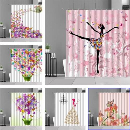 Flower Butterfly Girl Shower Curtain Set Waterproof Lovely Woman Fairy Hanging Curtain Polyester Cloth Home Bathroom Decor Hook