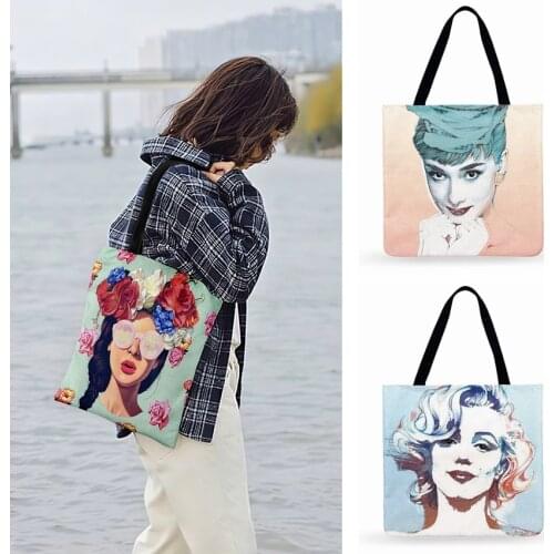 Ladies Shoulder Bag Monroe And Hepburn Pop Art Painting Print Tote Bag Women Casual Tote Fashion Shopping Bags Outdoor Beach Bag